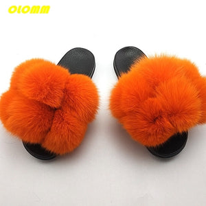 Wholesale  Women Real Fox Fur Slides Home fluffy Flat Sandals Female Cute Fluffy House Shoes Woman raccoon fur slides