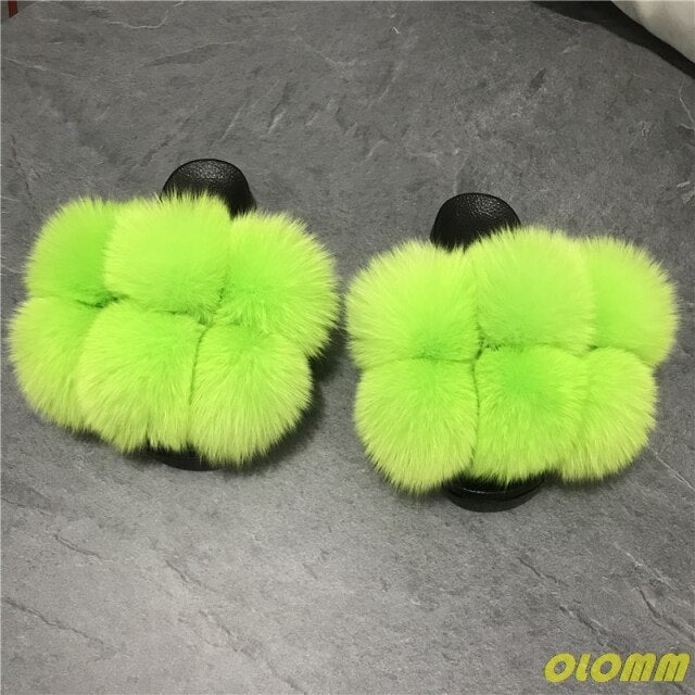 Wholesale  Women Real Fox Fur Slides Home fluffy Flat Sandals Female Cute Fluffy House Shoes Woman raccoon fur slides