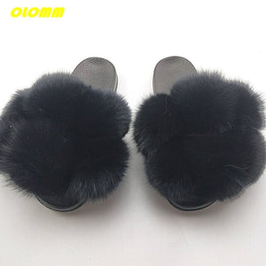 Wholesale  Women Real Fox Fur Slides Home fluffy Flat Sandals Female Cute Fluffy House Shoes Woman raccoon fur slides