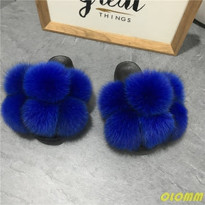 Wholesale  Women Real Fox Fur Slides Home fluffy Flat Sandals Female Cute Fluffy House Shoes Woman raccoon fur slides