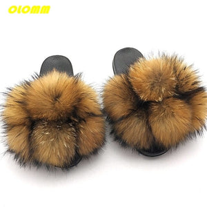 Wholesale  Women Real Fox Fur Slides Home fluffy Flat Sandals Female Cute Fluffy House Shoes Woman raccoon fur slides