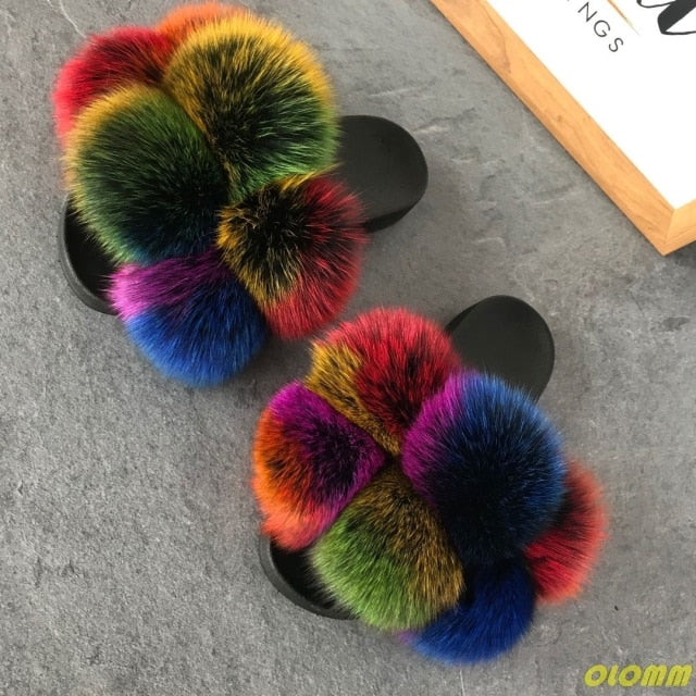 Wholesale  Women Real Fox Fur Slides Home fluffy Flat Sandals Female Cute Fluffy House Shoes Woman raccoon fur slides