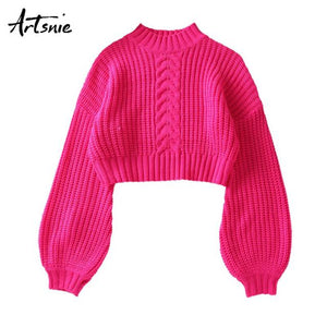 Artsnie Winter Turtleneck Sweater Women Lantern Sleeve Warm Pull Femme Hiver Sweet Red Knitted Cropped Sweaters Jumper Female