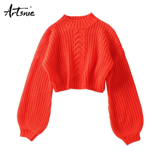 Artsnie Winter Turtleneck Sweater Women Lantern Sleeve Warm Pull Femme Hiver Sweet Red Knitted Cropped Sweaters Jumper Female