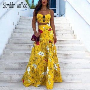 Floral Print Summer Dresses For Women 2020 Two Piece Skirt Set  Spaghetti Strap Crop Top And Maxi Long Skirt Party 2 Piece Sets