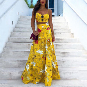 Floral Print Summer Dresses For Women 2020 Two Piece Skirt Set  Spaghetti Strap Crop Top And Maxi Long Skirt Party 2 Piece Sets