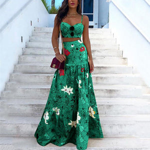 Floral Print Summer Dresses For Women 2020 Two Piece Skirt Set  Spaghetti Strap Crop Top And Maxi Long Skirt Party 2 Piece Sets