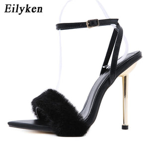 Eilyken 2021 New Pink White Women Sandals Sexy Open Toe Furry Fur Summer High-Heeled Sandals Ladies Wedding Stripper shoes