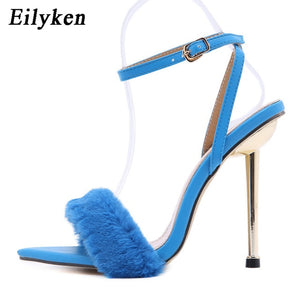 Eilyken 2021 New Pink White Women Sandals Sexy Open Toe Furry Fur Summer High-Heeled Sandals Ladies Wedding Stripper shoes