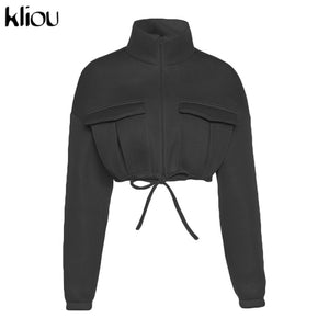 Kliou Mesh Plaid Autumn Spring Coat Women Trend Turtleneck Zipper Pocket Crop Jacket Solid Slim Drawstring Female Outerwear Hot