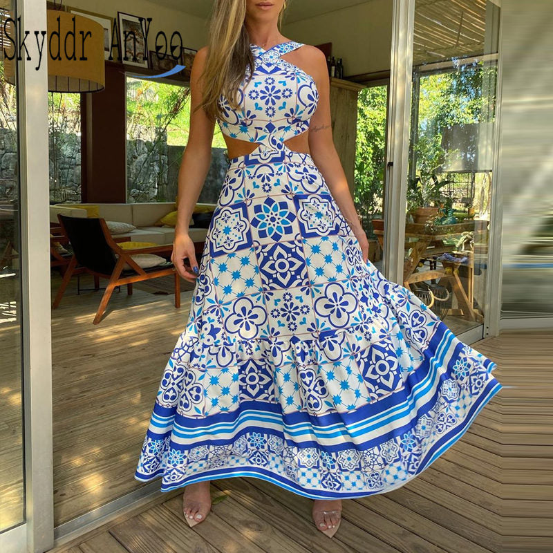 Vintage Printed Dresses Summer 2020 Women Sleeveless Halter Sexy Long Dress A-Line Elegant Woman Pary Dress