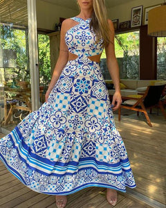 Vintage Printed Dresses Summer 2020 Women Sleeveless Halter Sexy Long Dress A-Line Elegant Woman Pary Dress