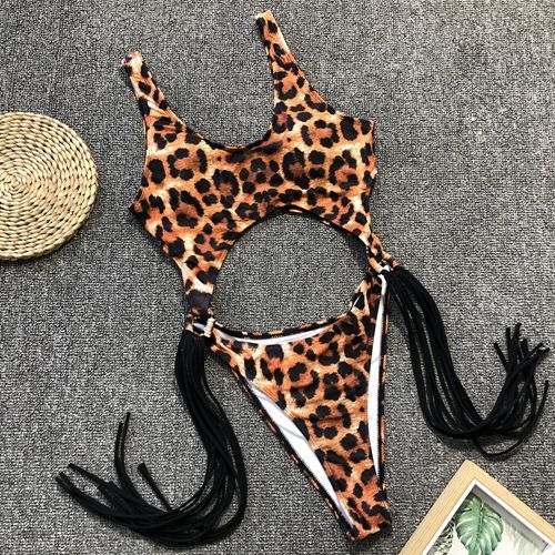 Sexy High cut Out one piece Swimsuit women Tassel swimwear Female Brazilian Bathing Suit String leopard bikini 2021 monokini new