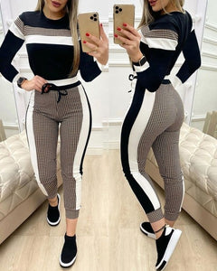 hirigin Fashion Women Sets Short Sleeve Tops High Waist Pants 2 Piece Sets Outfits Black Pattern Stitching Long Pants Sets Suit