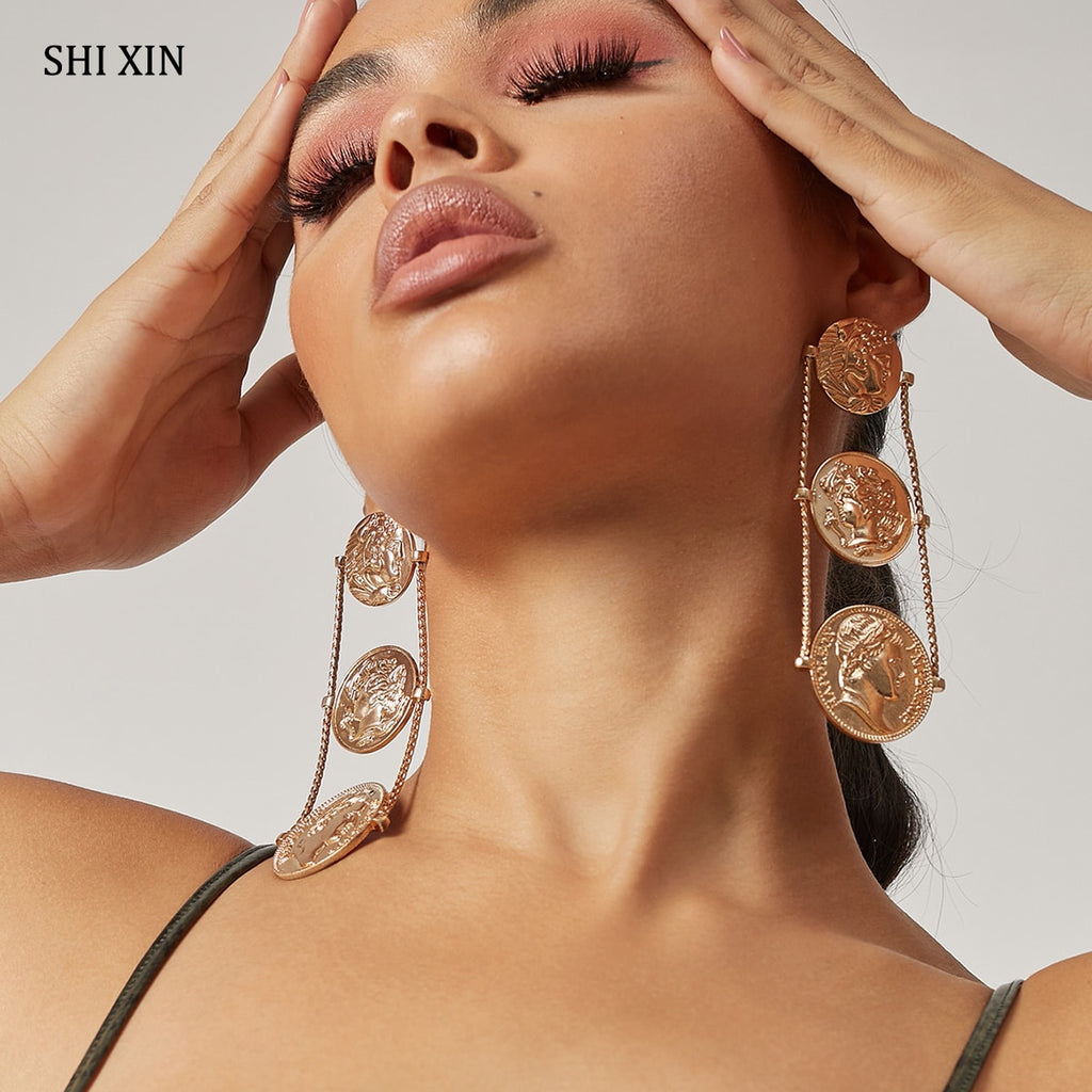 SHIXIN Hiphop Big Portrait Coin Drop Earrings for Women Layered Long Earrings Hanging 2020 Large Earrings Statement Jewelry Gift