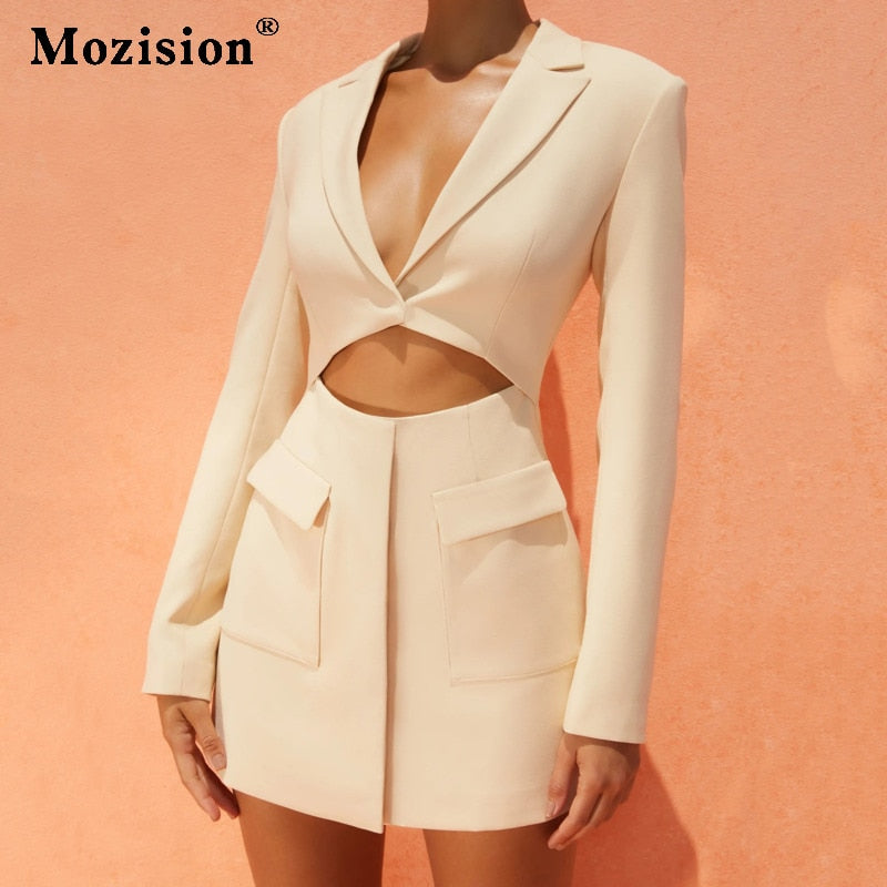 Mozision Autumn Long Sleeve Blazer Dress For Women Khaki Notched Collar Hollow Out Button Dresses Bodycon Party Mini Dress