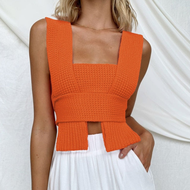 OMCHION Pull 2021 Spring Summer Bow Cross Strap Knitted Sweater Vest Women Sexy Crop Top DIY Tie Clothing Sleevless Jumper LN08