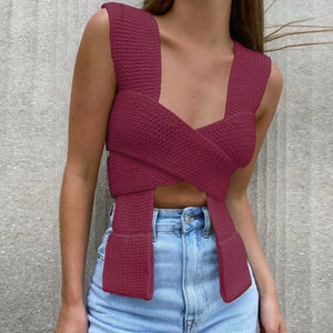 OMCHION Pull 2021 Spring Summer Bow Cross Strap Knitted Sweater Vest Women Sexy Crop Top DIY Tie Clothing Sleevless Jumper LN08