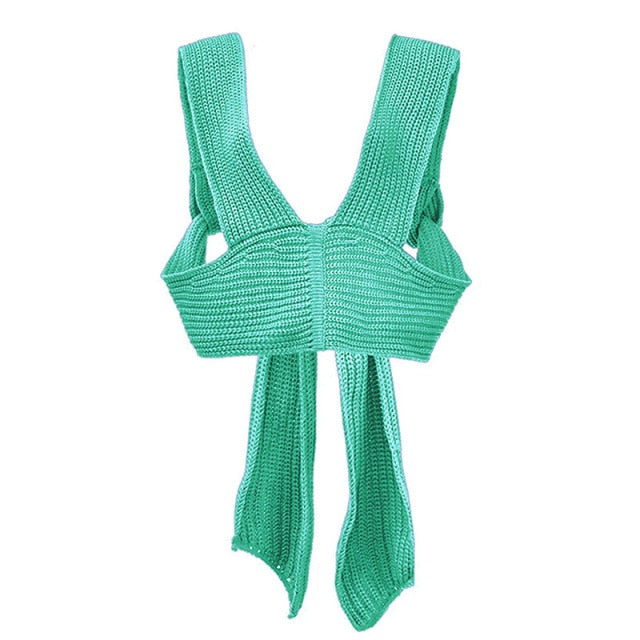 OMCHION Pull 2021 Spring Summer Bow Cross Strap Knitted Sweater Vest Women Sexy Crop Top DIY Tie Clothing Sleevless Jumper LN08