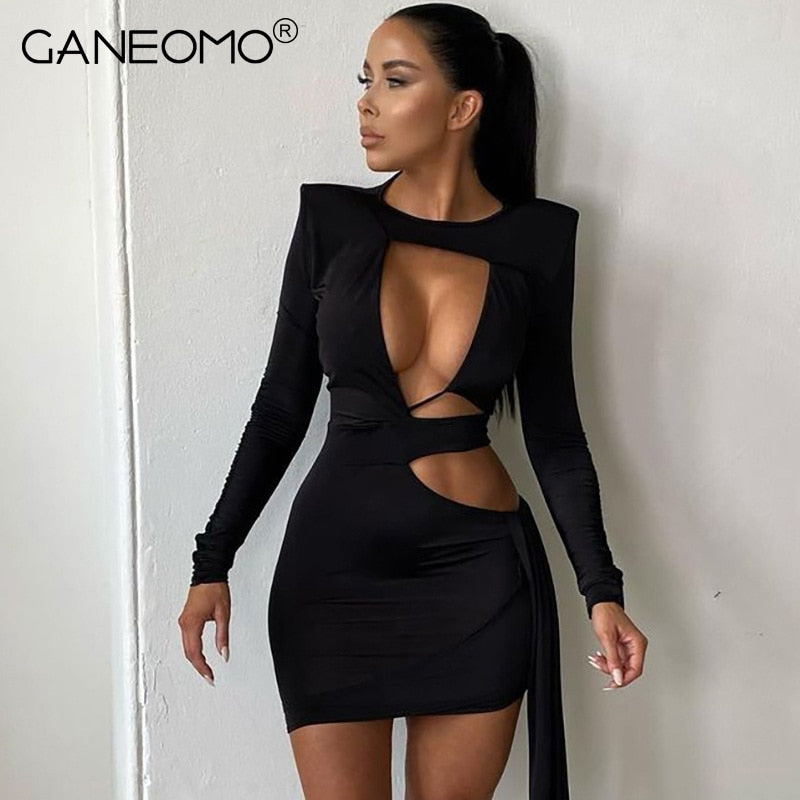 Black Sexy Hollow Out Bodycon Dresses Women 2021 Autumn Bandage Long Sleeve Elegant Party Evening Wrap Mini Dress Club Outfits