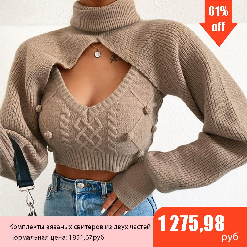 Glamaker Hairball 2 piece set women autumn winter turtleneck crop sweaters vest knit top Sexy backless knitted chic new jumper