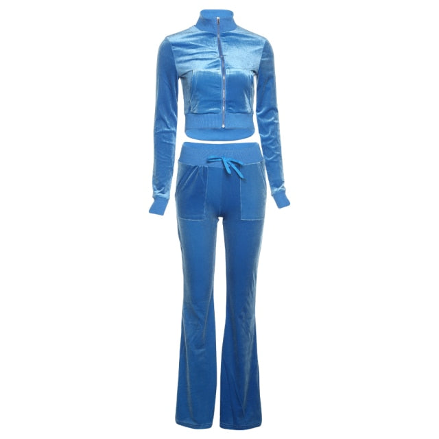 Sisterlinda Velvet Casual Women Tracksuit 2 Piece Set Long Sleeve Zipper Sweatshirt Top+Bandage Straight Pants Female Streetwear