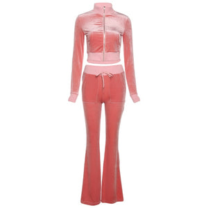 Sisterlinda Velvet Casual Women Tracksuit 2 Piece Set Long Sleeve Zipper Sweatshirt Top+Bandage Straight Pants Female Streetwear