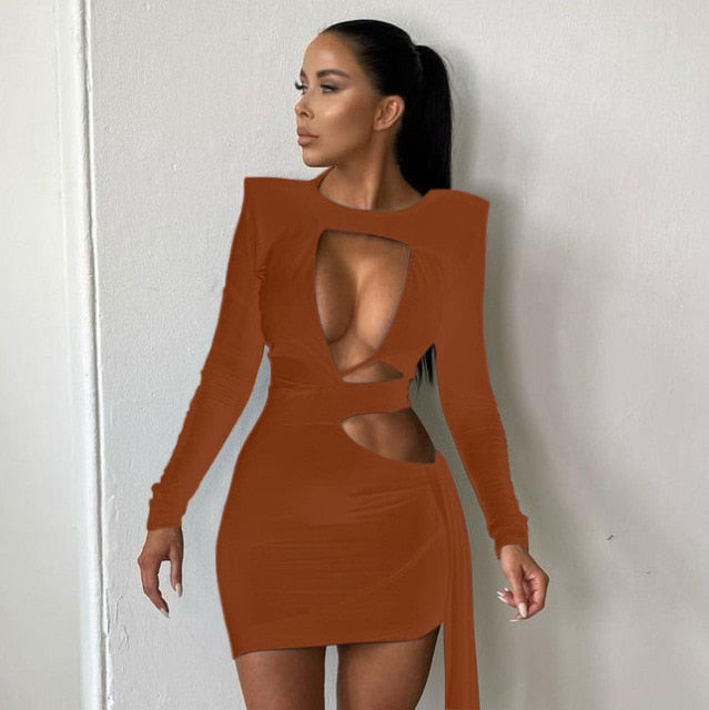 Black Sexy Hollow Out Bodycon Dresses Women 2021 Autumn Bandage Long Sleeve Elegant Party Evening Wrap Mini Dress Club Outfits