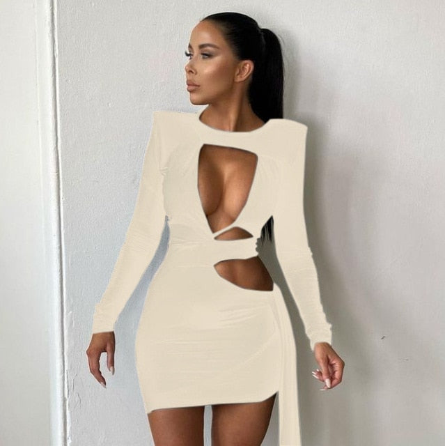 Black Sexy Hollow Out Bodycon Dresses Women 2021 Autumn Bandage Long Sleeve Elegant Party Evening Wrap Mini Dress Club Outfits