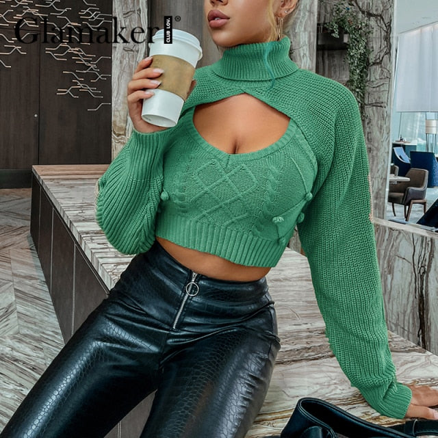 Glamaker Hairball 2 piece set women autumn winter turtleneck crop sweaters vest knit top Sexy backless knitted chic new jumper