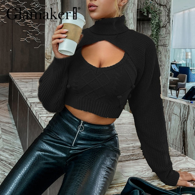 Glamaker Hairball 2 piece set women autumn winter turtleneck crop sweaters vest knit top Sexy backless knitted chic new jumper