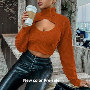 Glamaker Hairball 2 piece set women autumn winter turtleneck crop sweaters vest knit top Sexy backless knitted chic new jumper