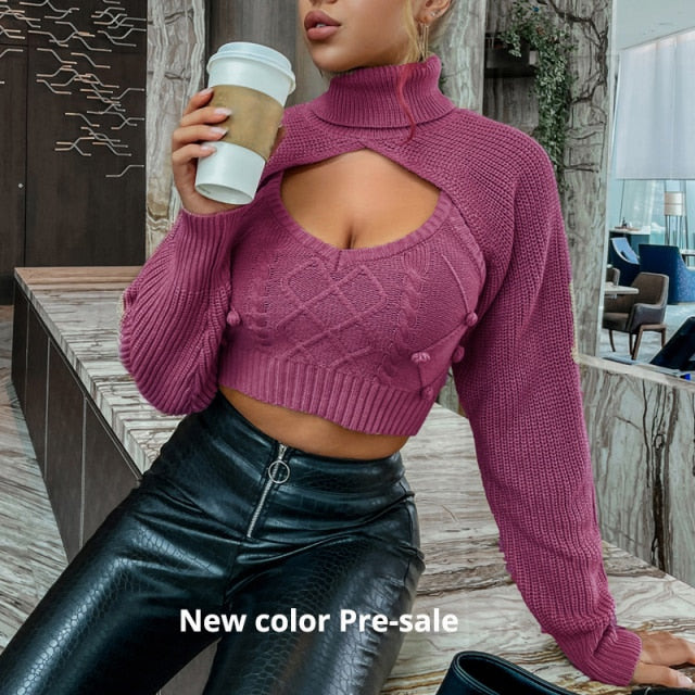 Glamaker Hairball 2 piece set women autumn winter turtleneck crop sweaters vest knit top Sexy backless knitted chic new jumper