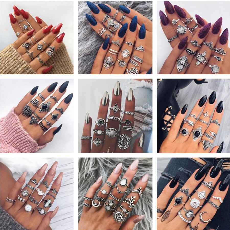 docona Vintage Silver Carved Geometric Knuckle Ring Set for Women Girl Rhinestone Midi Rings Set Party Jewelry Anillos